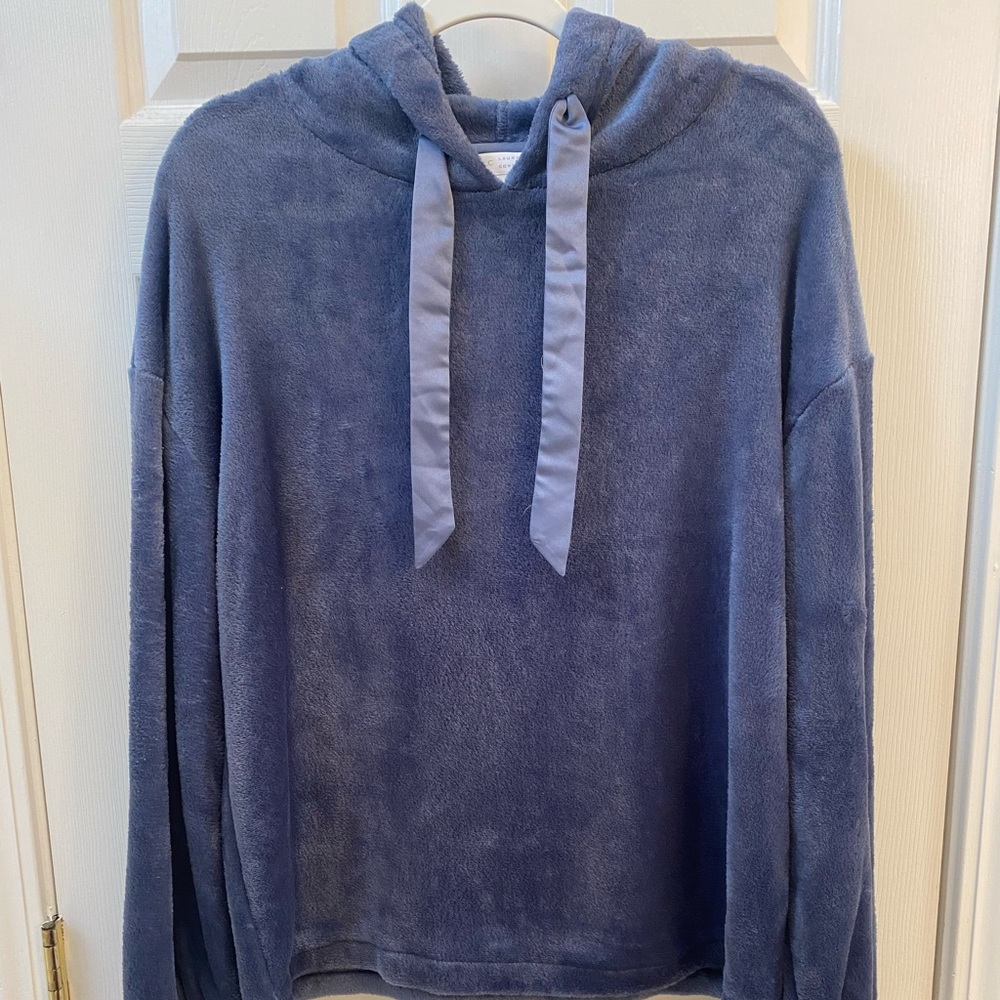 Lauren Conrad blue velvet hoodie with satin draw string NWT